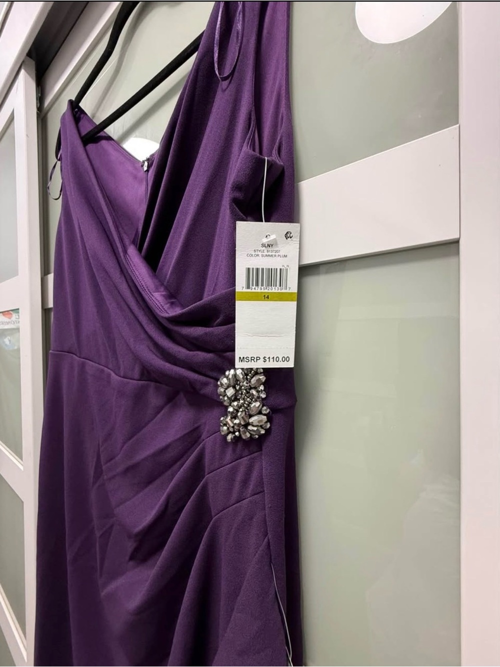 SLNY Purple Sleeveless Draped Midi Dress with Jewel Brooch - Picture 2 of 3